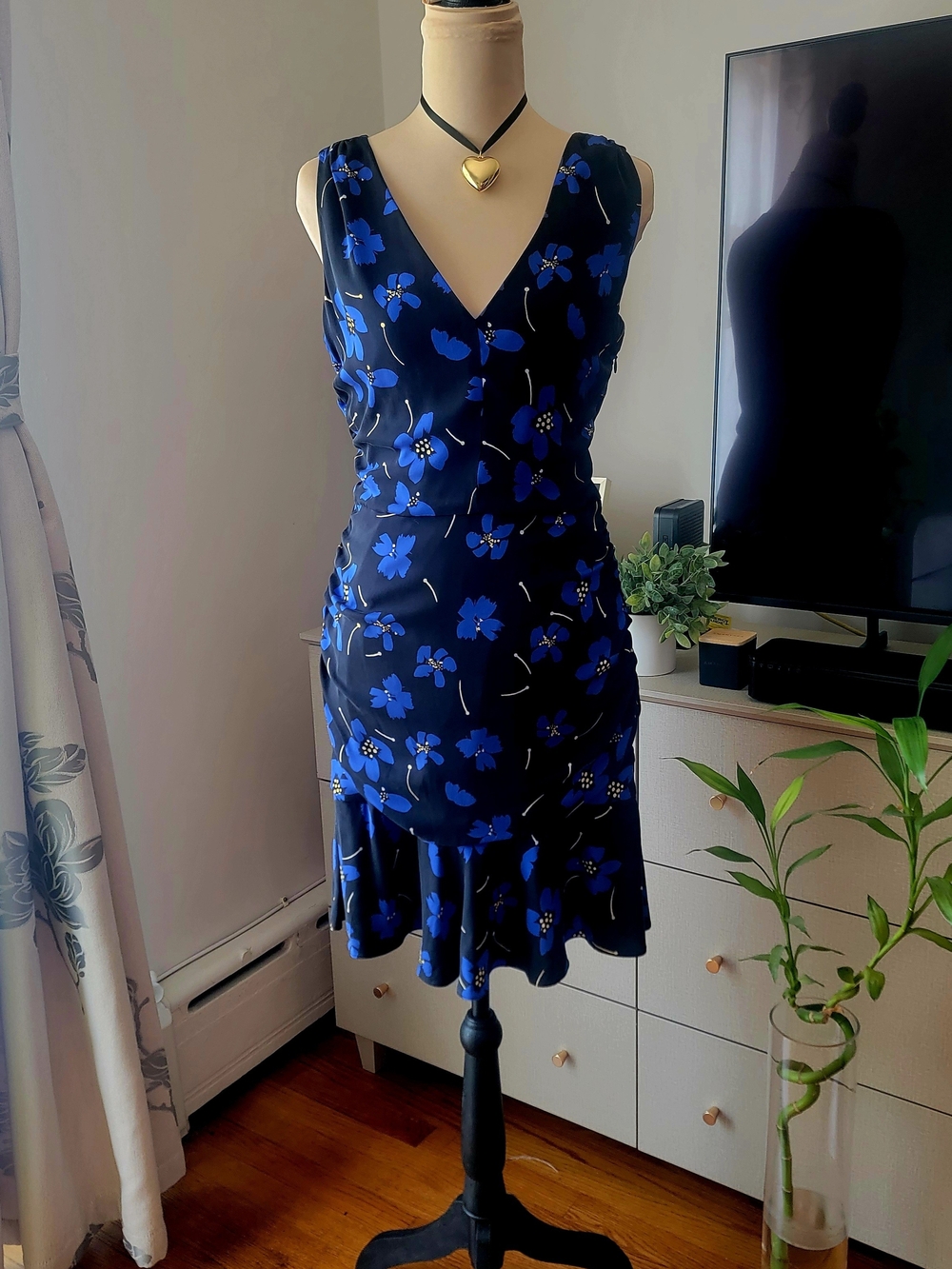 MILLY Pam Butterfly Floral Silk Ruched Dress Size 6 Black Blue